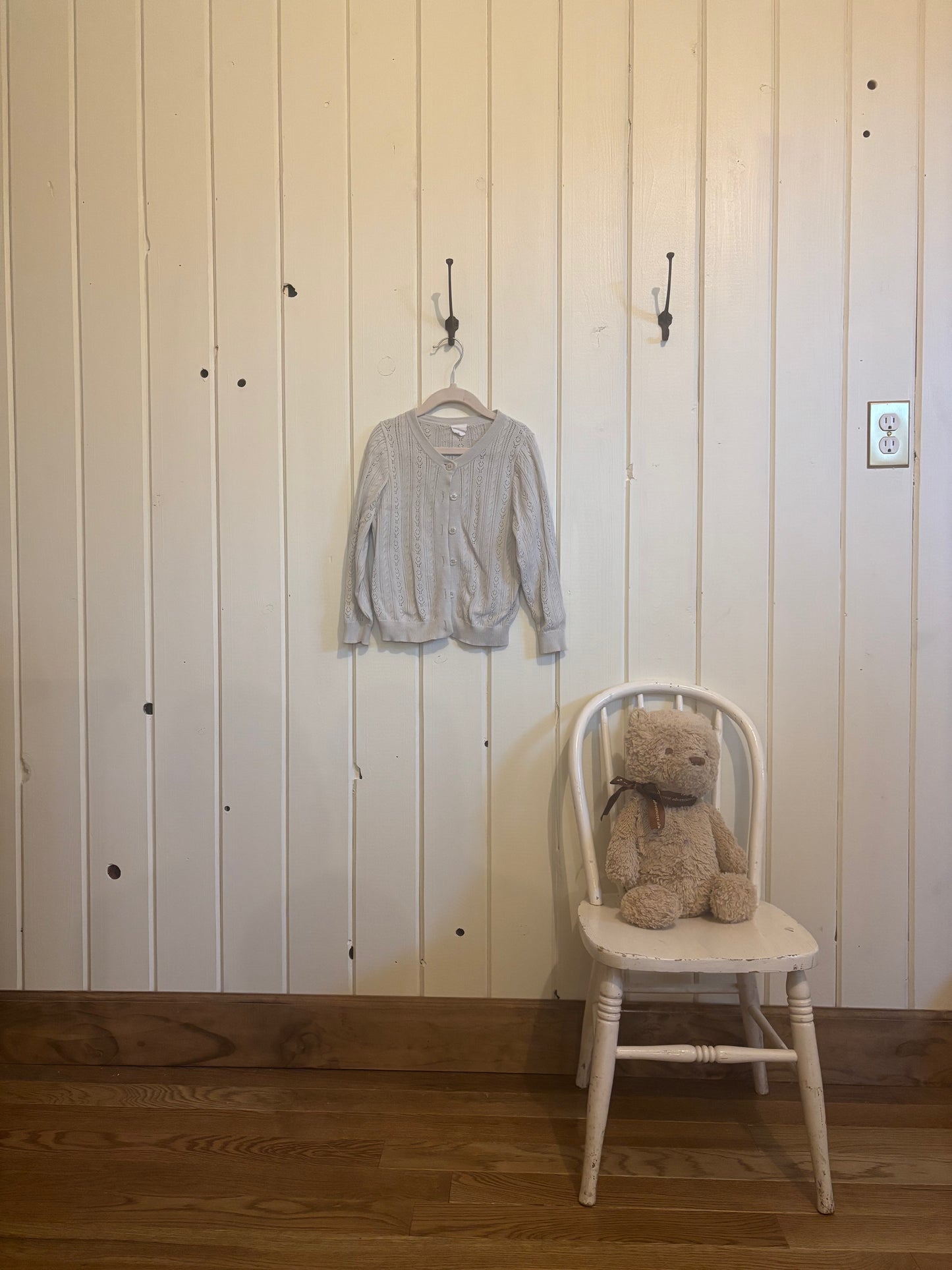 Pale blue crochet knit sweater